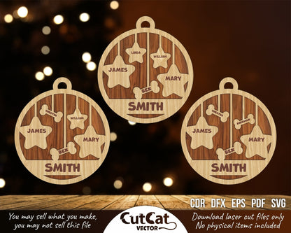 Christmas tree toy for a family with dogs, Multilayer laser cut engraved Glowforge files christmas svg, Gift family ornament with stars