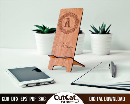 Wood phone stand holder laser engraved cut svg glowforge files with an individual ornament and alphabet letters. Digital file cutting.