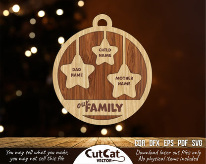 Christmas tree toy, Decorative family ornament, Family gift. Laser cut files glowforge svg for plywood. Digital file svg