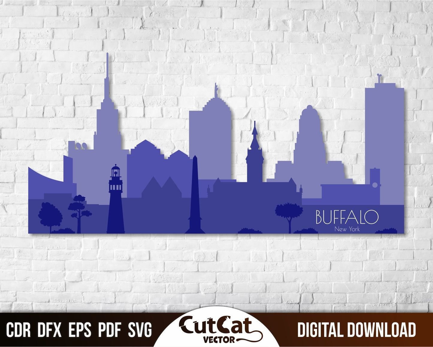 Buffalo city skyline wall art laser engraved cut files glowforge svg. Laser engraving and plotter cut files. Multilayer city (4 layers).