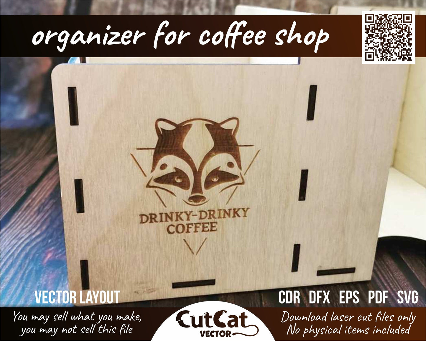 Coffee station desk organizer box, Laser svg engraved cut glowforge files, Layered art decor, Coffee bar shop accessories, Napkin holder