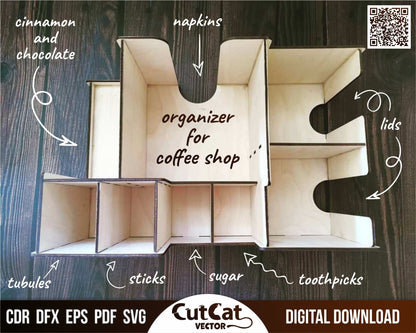 Coffee station desk organizer box, Laser svg engraved cut glowforge files, Layered art decor, Coffee bar shop accessories, Napkin holder