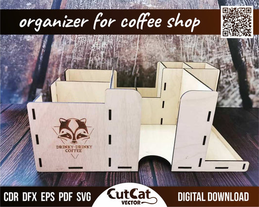 Coffee station desk organizer box, Laser svg engraved cut glowforge files, Layered art decor, Coffee bar shop accessories, Napkin holder