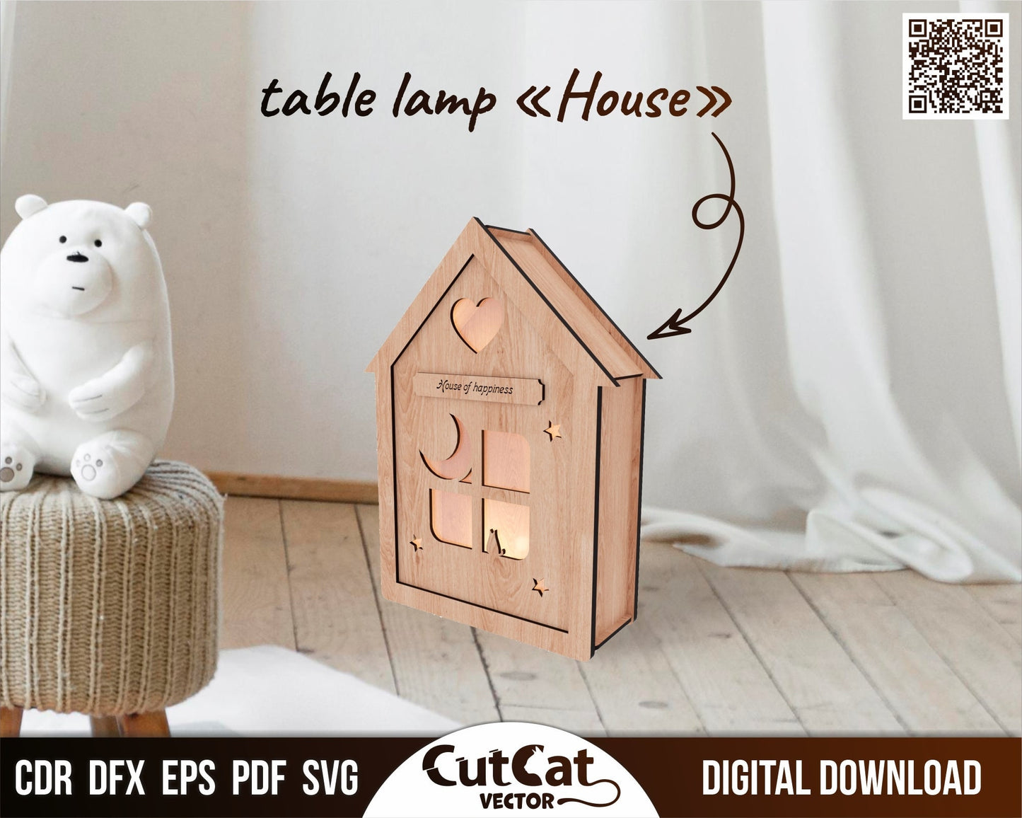 Stylish table lamp «House» with personalization.  Laser cut files for plywood (for glowforge and other). Layered art decor of plywood.