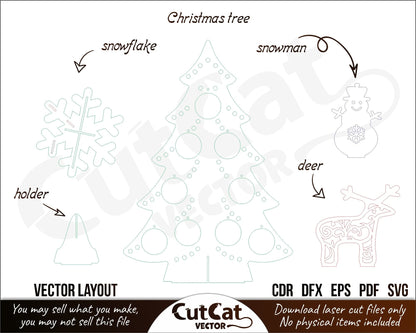 Christmas tree with a deer and a snowman. Laser engraved cut files glowforge svg.