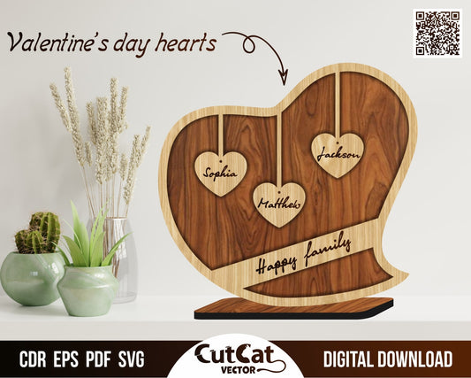 Valentine's day hearts 9 styles file «Happy family». Vector files for laser cutting glowforge svg, cricut. 3D layered art decor of plywood.