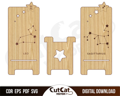 Сell phone stand (iphone stand) with 12 zodiac signs. Laser vector digital files for laser cutting plywood glowforge + bonus. svg