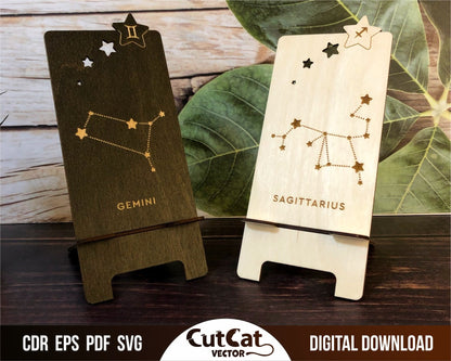 Сell phone stand (iphone stand) with 12 zodiac signs. Laser vector digital files for laser cutting plywood glowforge + bonus. svg