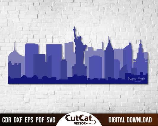 New York city skyline svg. Wall art laser engraved cut files glowforge svg. Laser engraving plotter cut files. Multilayer NYC city 4 layers