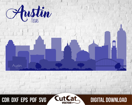 Austin Texas city skyline svg. Wall art laser engraved cut files glowforge svg. Laser engraving plotter cut files. Multilayer city 4 layers