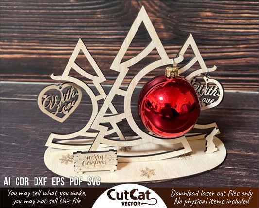 New Year's card with 5 types of table trees for Christmas balls and hearts. Laser cutting files for Glowforge (ai, cdr, dxf, eps, pdf, svg)