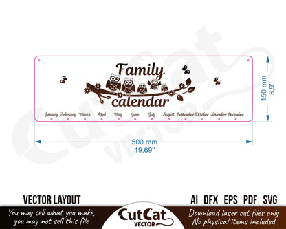 Family holiday wall calendar laser svg engraved cut files glowforge. Wedding, engagement, birthday, meeting, christening. 6 languages