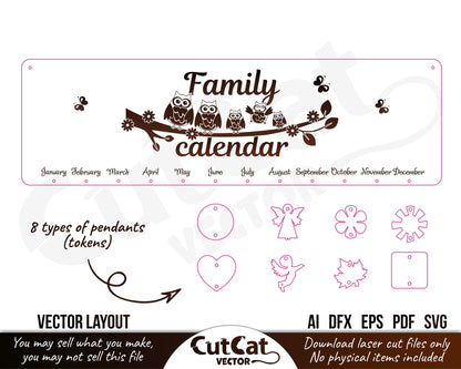 Family holiday wall calendar laser svg engraved cut files glowforge. Wedding, engagement, birthday, meeting, christening. 6 languages