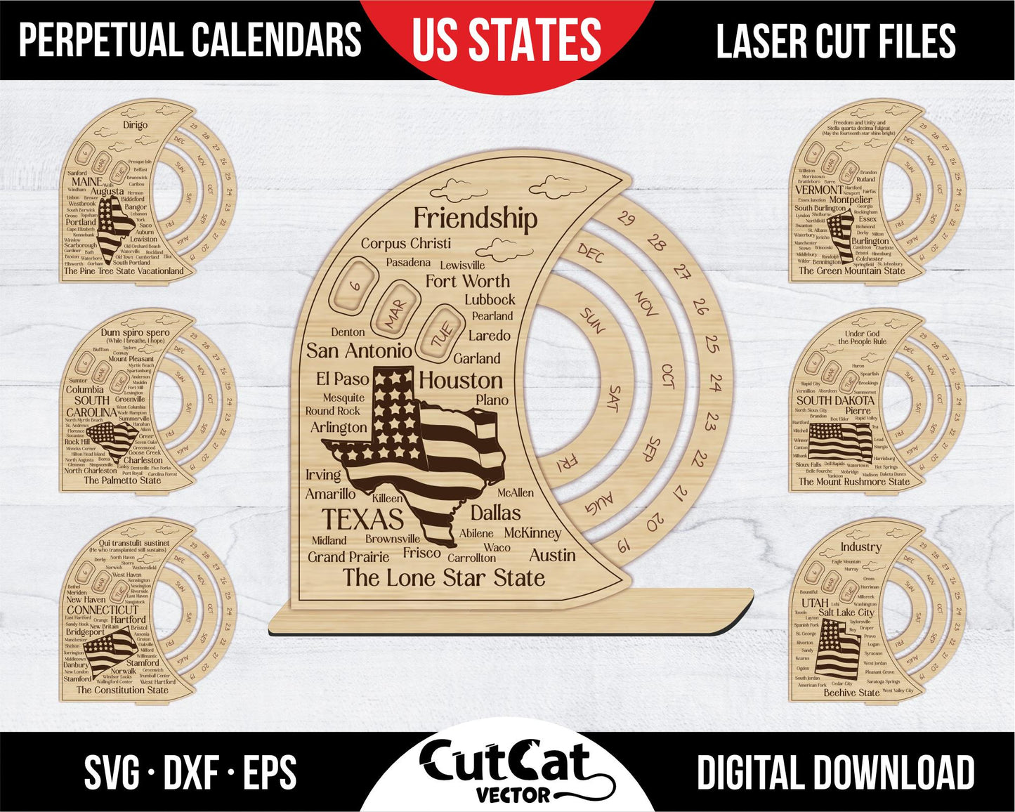 Perpetual calendar with US states svg. America map with cities. Laser cut files svg. Glowforge files 50 USA states. Desktop gift calendar.