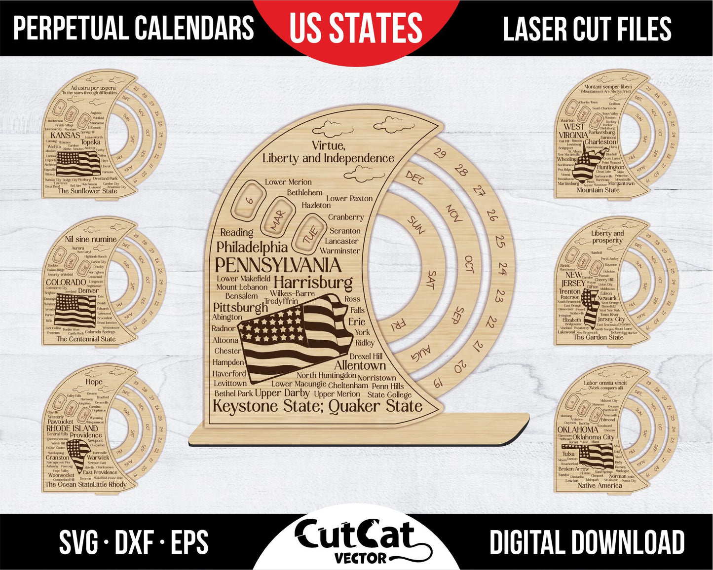 Perpetual calendar with US states svg. America map with cities. Laser cut files svg. Glowforge files 50 USA states. Desktop gift calendar.