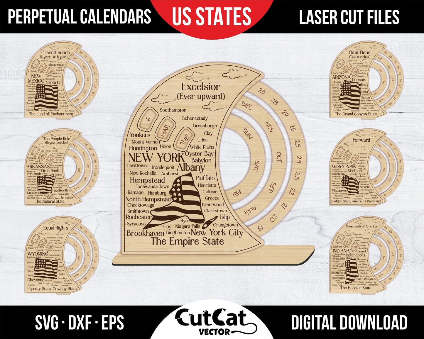 Perpetual calendar with US states svg. America map with cities. Laser cut files svg. Glowforge files 50 USA states. Desktop gift calendar.