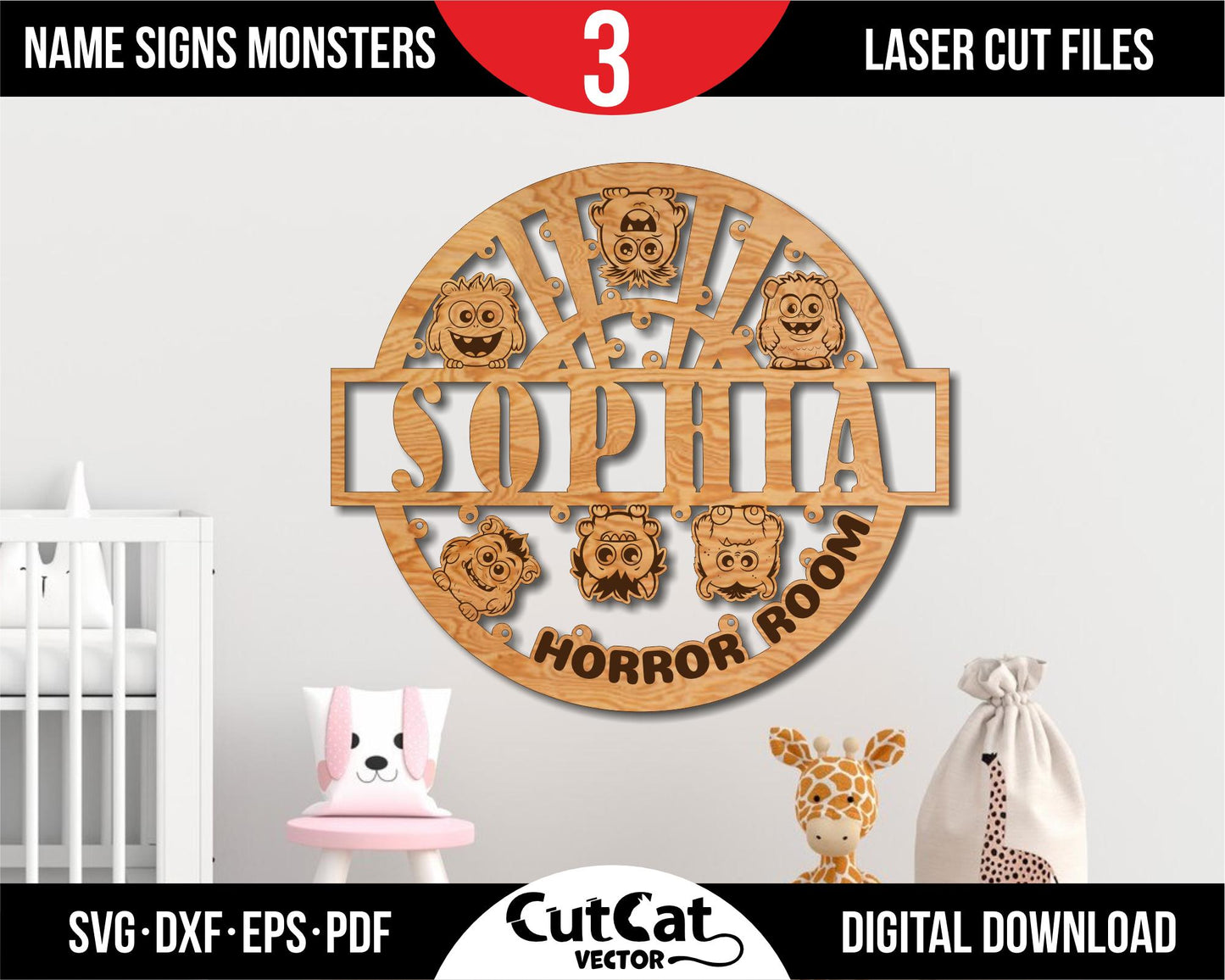 Funny name plate for children's room. Laser cut files for glowforge svg. Monsters sign. Laser template digital files. Child's name wall art