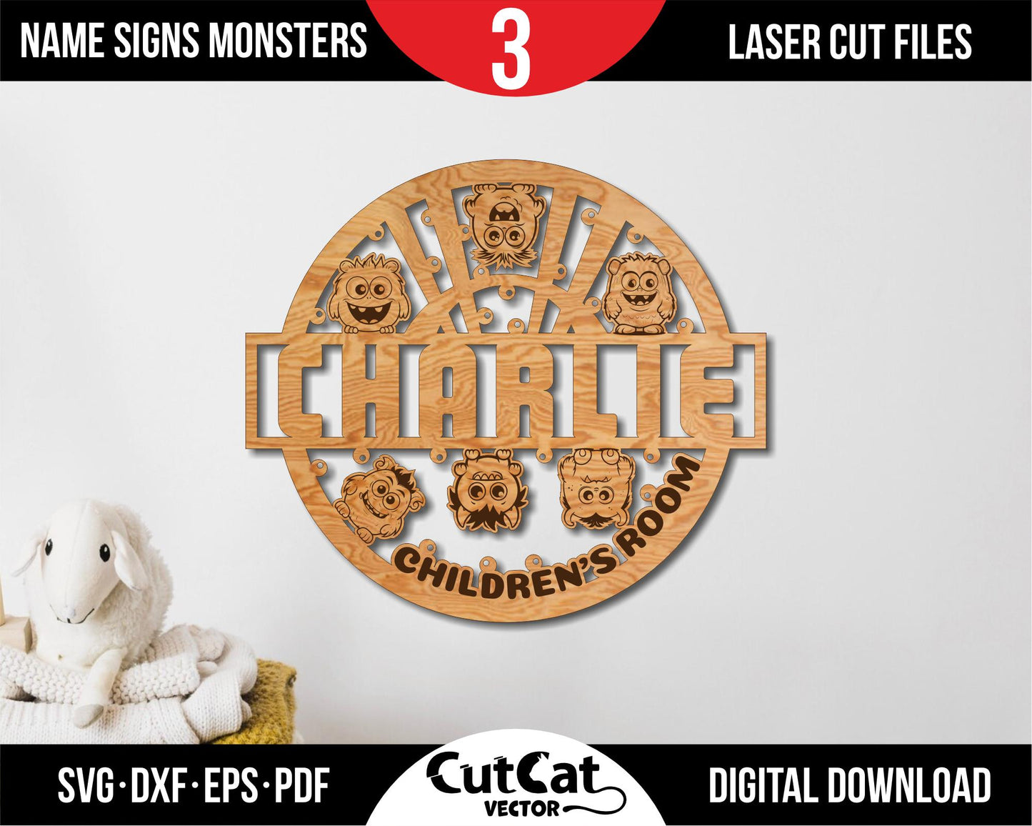 Funny name plate for children's room. Laser cut files for glowforge svg. Monsters sign. Laser template digital files. Child's name wall art