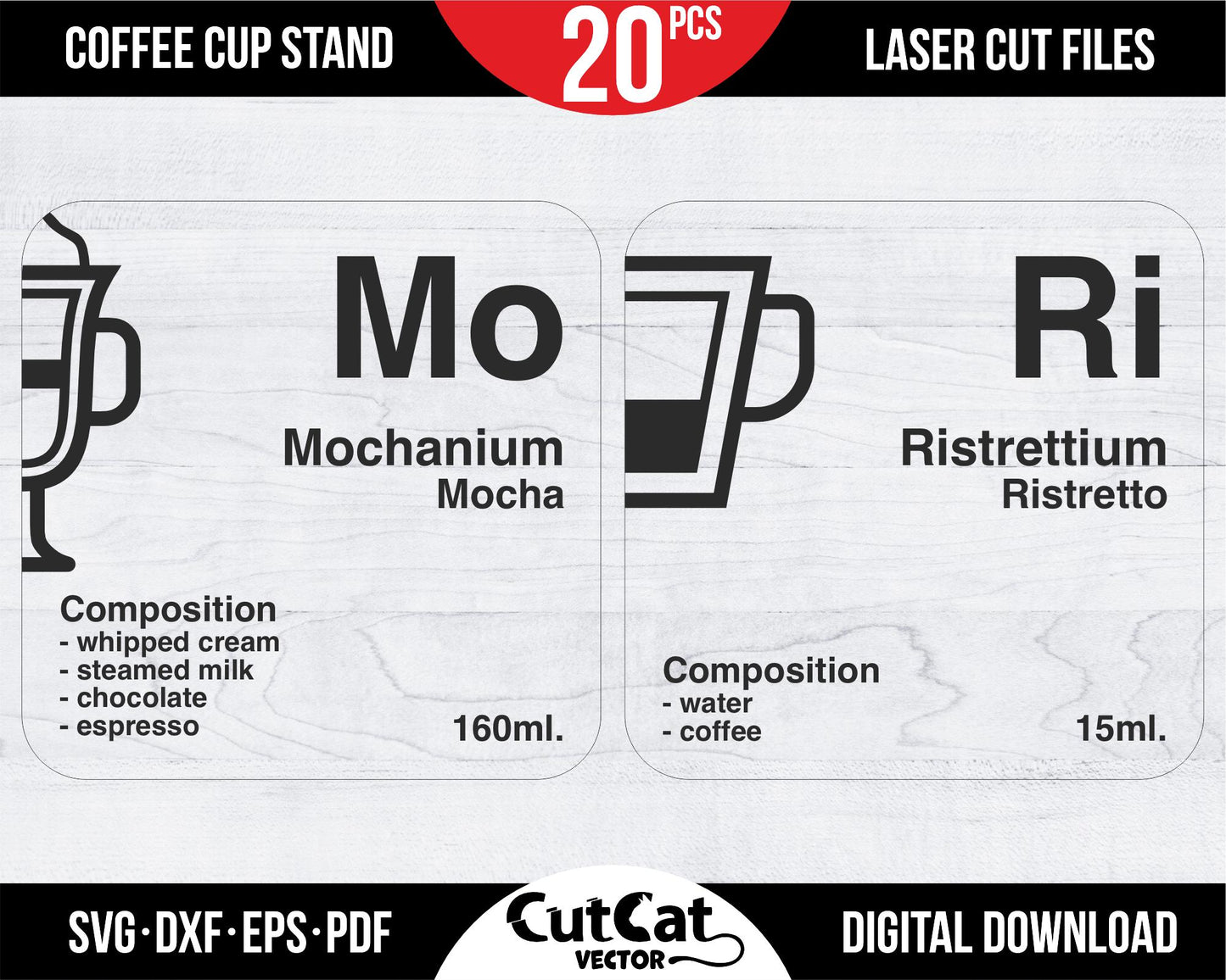 20 coffee wooden coasters set. Mendeleev table style.