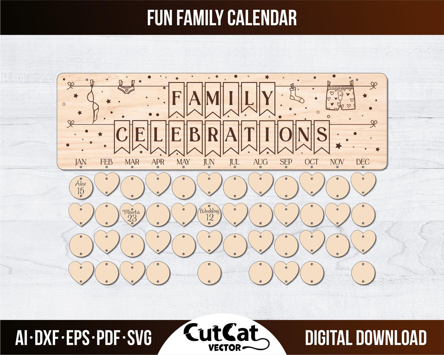 Family holiday wall calendar laser svg engraved cut files glowforge. Wedding, engagement, birthday, meeting. Digital file.