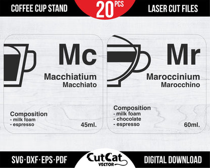 20 coffee wooden coasters set. Mendeleev table style.