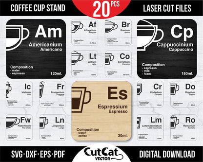 20 coffee wooden coasters set. Mendeleev table style.