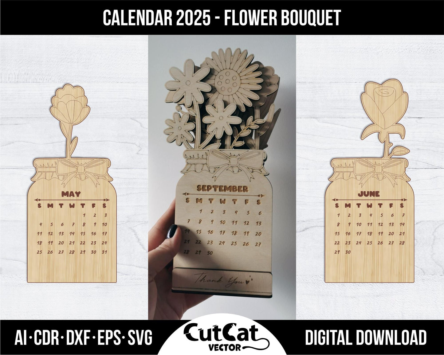 Flower Desk Calendar 2025, Wooden coloring Bouquet of flowers children, Laser cut engraving glowforge svg files, vector design gift calendar