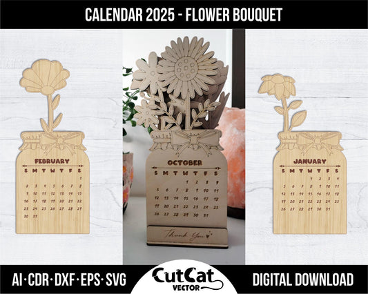 Flower Desk Calendar 2025, Wooden coloring Bouquet of flowers children, Laser cut engraving glowforge svg files, vector design gift calendar