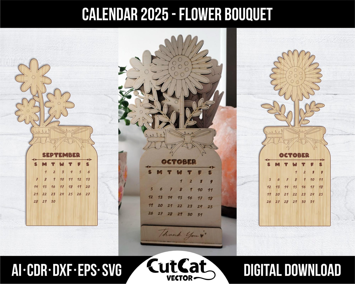 Flower Desk Calendar 2025, Wooden coloring Bouquet of flowers children, Laser cut engraving glowforge svg files, vector design gift calendar