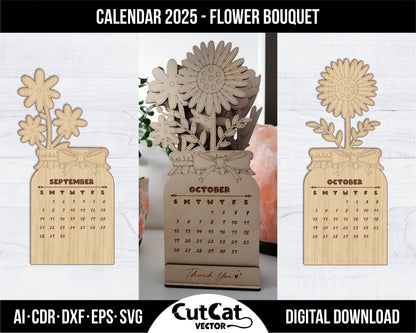 Flower Desk Calendar 2025, Wooden coloring Bouquet of flowers children, Laser cut engraving glowforge svg files, vector design gift calendar