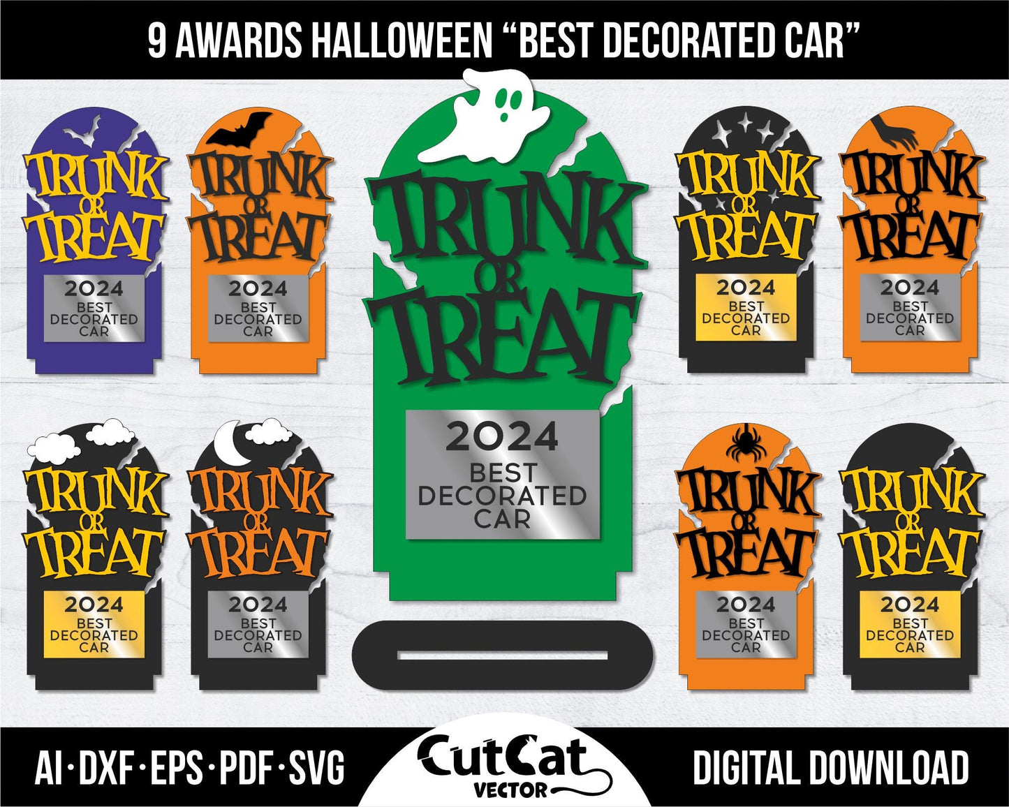 9 "Trunk or treat car", Different Designs Award Trophy Laser Cut engraving Pack, Award Trophy SVG Files, Laser Cut Files