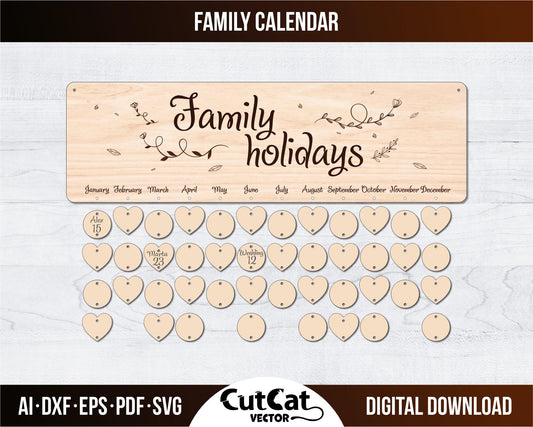 Family holidays wall calendar laser svg engraved cut files glowforge. Wedding, engagement, birthday, meeting, christening.