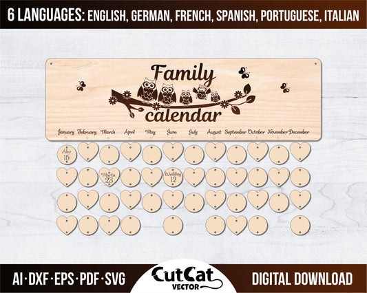 Family holiday wall calendar laser svg engraved cut files glowforge. Wedding, engagement, birthday, meeting, christening. 6 languages