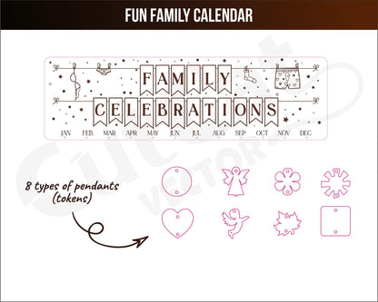 Family holiday wall calendar laser svg engraved cut files glowforge. Wedding, engagement, birthday, meeting. Digital file.