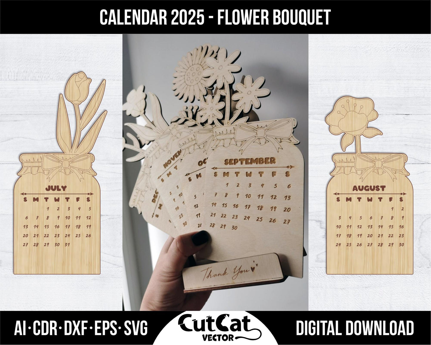 Flower Desk Calendar 2025, Wooden coloring Bouquet of flowers children, Laser cut engraving glowforge svg files, vector design gift calendar