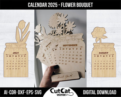 Flower Desk Calendar 2025, Wooden coloring Bouquet of flowers children, Laser cut engraving glowforge svg files, vector design gift calendar