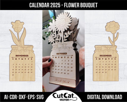 Flower Desk Calendar 2025, Wooden coloring Bouquet of flowers children, Laser cut engraving glowforge svg files, vector design gift calendar