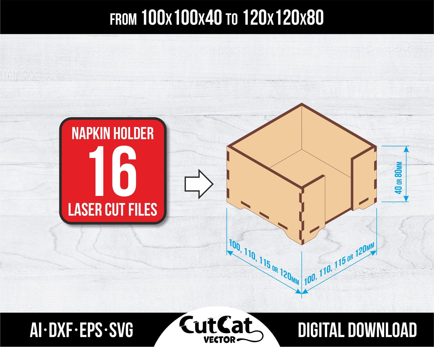 Napkin Holder Box Laser Cut Glowforge SVG Files, 16 Different Size, 2 Different Material Thickness, Laser Cutting Engraved Xtool Bundle File