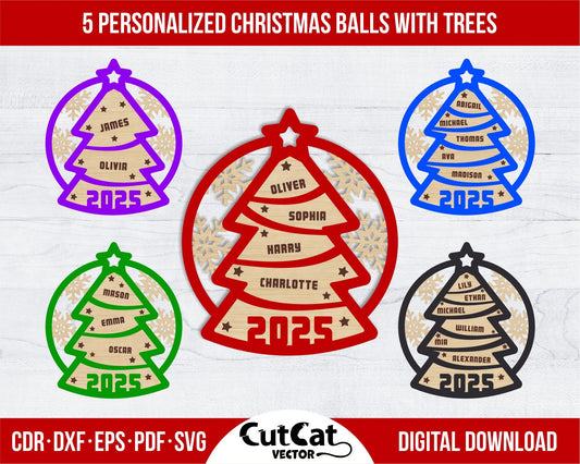 5 Personalized Christmas Balls Tree Decorations