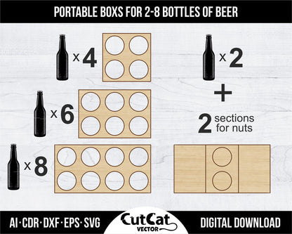 Portable box for 2-8 bottles of beer, laser engraved cut glowforge SVG files, Gift for Him, Men's Souvenir laser cut gifts engraving plywood